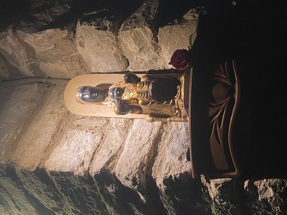 Black Madonna with child and rose in cave
